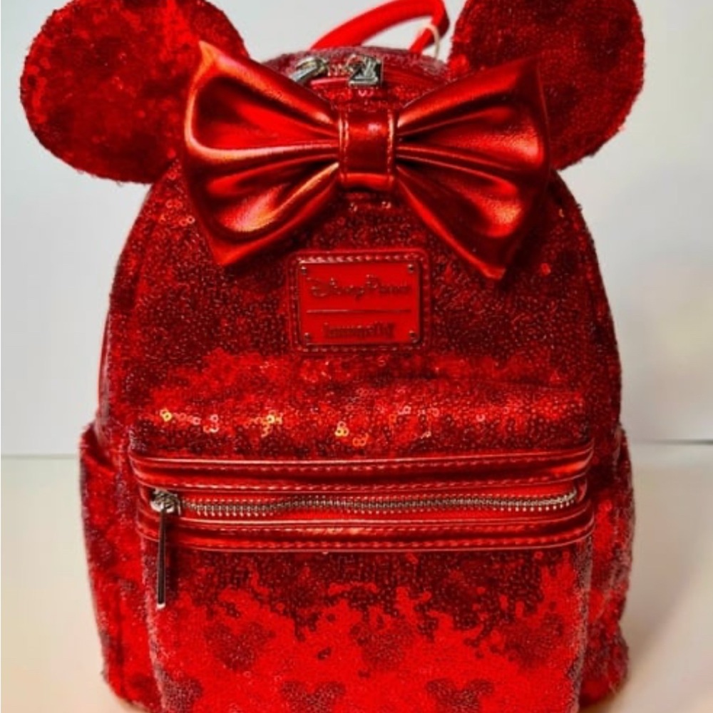 Disney Parks Loungefly Red Sequin Minnie Ear Backpack with Bow(hidden Mickey)